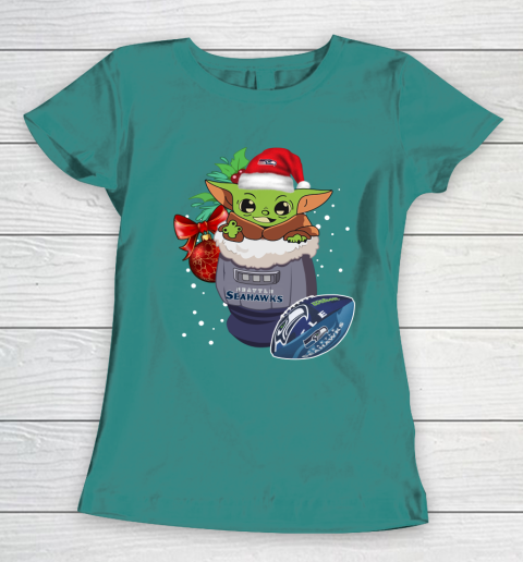 Seattle Seahawks Christmas Baby Yoda Star Wars Funny Happy NFL Women's T-Shirt 12