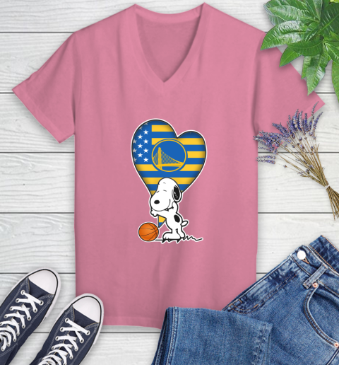 Golden State Warriors NBA Basketball The Peanuts Movie Adorable Snoopy Women's V-Neck T-Shirt 13