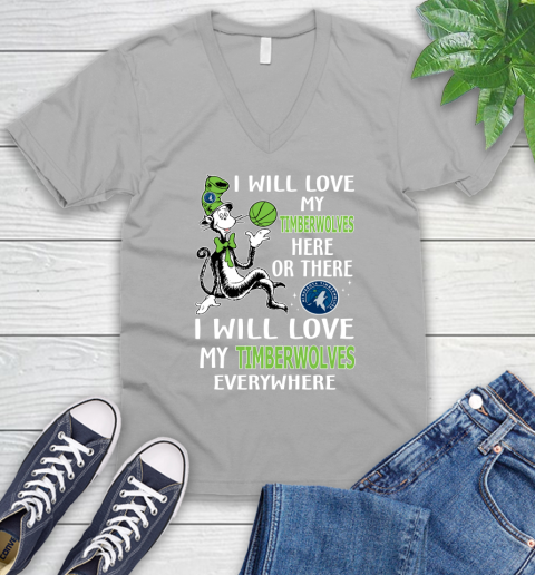 NBA Basketball Minnesota Timberwolves I Will Love My Timberwolves Everywhere Dr Seuss Shirt V-Neck T-Shirt 3