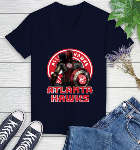 Atlanta Hawks NBA Basketball Captain America Thor Spider Man Hawkeye Avengers Women's V-Neck T-Shirt 3