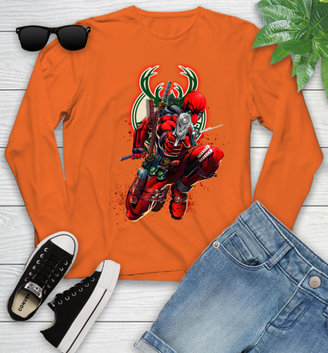 NBA Deadpool Marvel Comics Sports Basketball Milwaukee Bucks Youth Long Sleeve 4