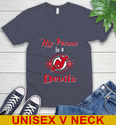NHL Hockey Harry Potter My Patronus Is A New Jersey Devils V-Neck T-Shirt 7