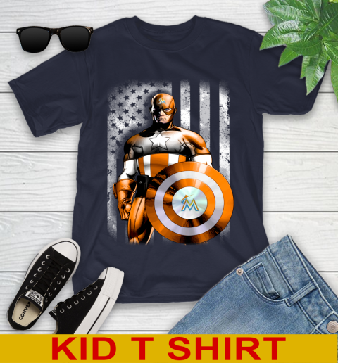 Miami Marlins MLB Baseball Captain America Marvel Avengers American Flag Shirt Youth T-Shirt 2