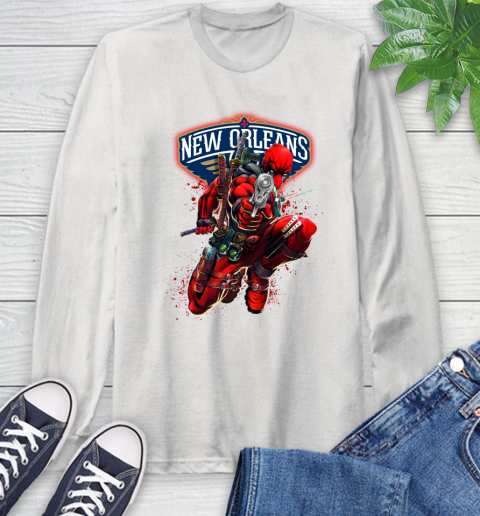 NBA Deadpool Marvel Comics Sports Basketball New Orleans Pelicans Long Sleeve T-Shirt