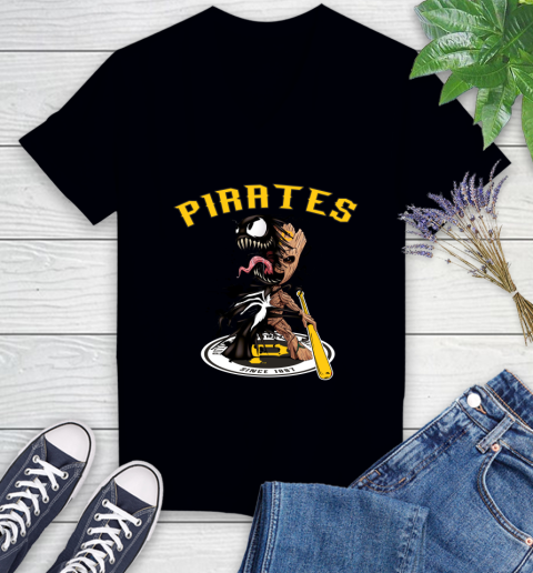 MLB Pittsburgh Pirates Baseball Venom Groot Guardians Of The Galaxy Women's V-Neck T-Shirt 2