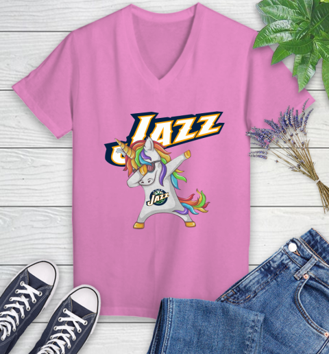 Utah Jazz NBA Basketball Funny Unicorn Dabbing Sports Women's V-Neck T-Shirt 14