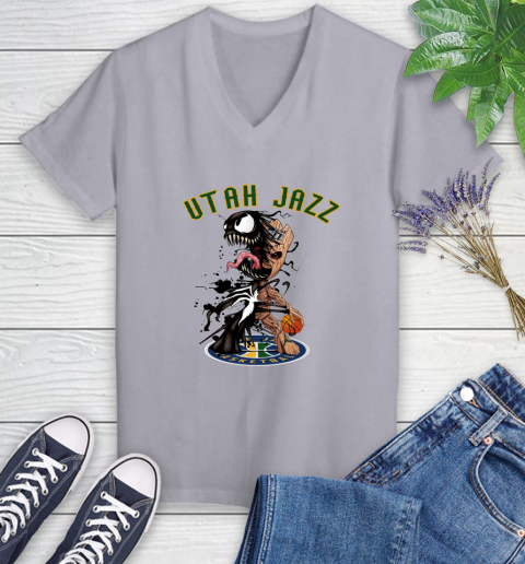 NBA Utah Jazz Basketball Venom Groot Guardians Of The Galaxy Women's V-Neck T-Shirt 4
