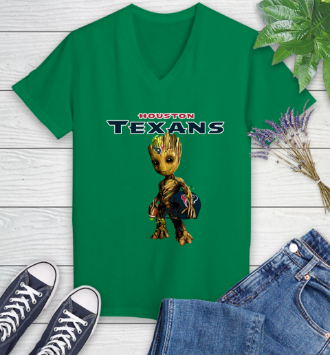 Houston Texans NFL Football Groot Marvel Guardians Of The Galaxy Women's V-Neck T-Shirt 5