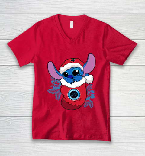 Carolina Panthers Christmas Stitch In The Sock Funny Disney NFL V-Neck T-Shirt 7