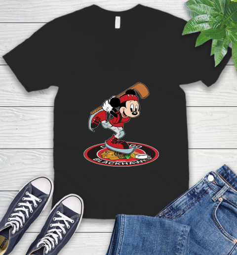 NHL Hockey Chicago Blackhawks Cheerful Mickey Disney Shirt V-Neck T-Shirt