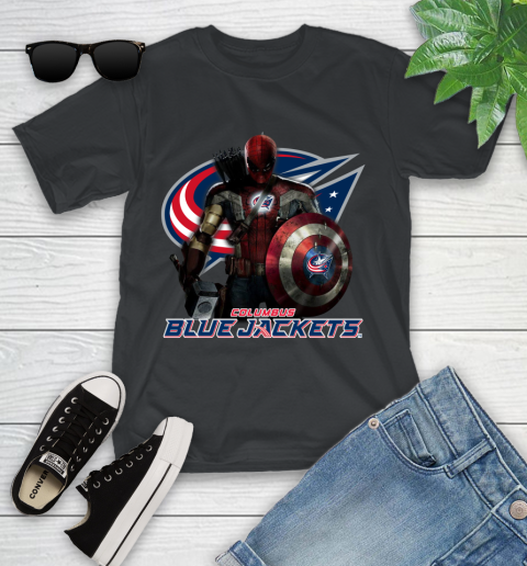 NHL Captain America Thor Spider Man Hawkeye Avengers Endgame Hockey Columbus Blue Jackets Youth T-Shirt 2