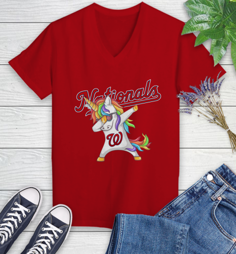 Washington Nationals MLB Baseball Funny Unicorn Dabbing Sports Women's V-Neck T-Shirt 12