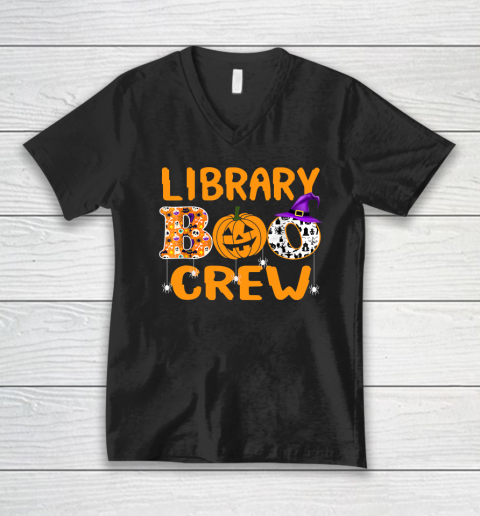 Library Boo Crew School Librarian Halloween Library Book V-Neck T-Shirt
