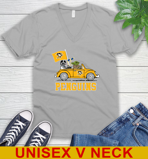 NHL Hockey Pittsburgh Penguins Darth Vader Baby Yoda Driving Star Wars Shirt V-Neck T-Shirt 4