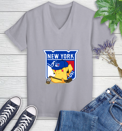 NHL Pikachu Hockey Sports New York Rangers Women's V-Neck T-Shirt 4