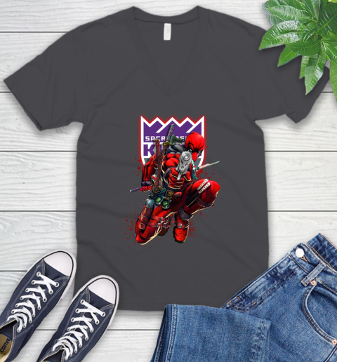 NBA Deadpool Marvel Comics Sports Basketball Sacramento Kings V-Neck T-Shirt 5