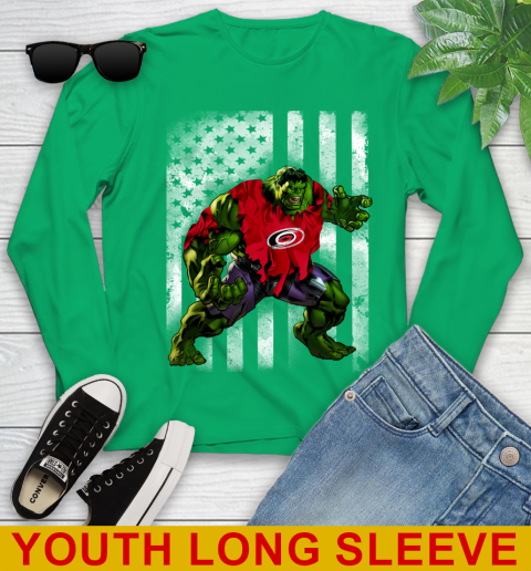 Carolina Hurricanes Hulk Marvel Avengers NHL Hockey American Flag Youth Long Sleeve 7