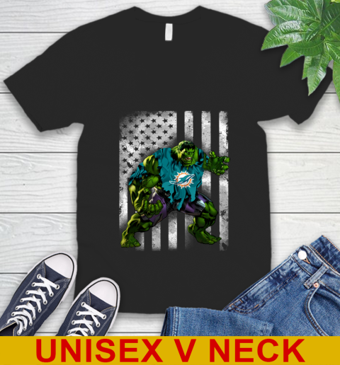 Miami Dolphins Hulk Marvel Avengers NFL Football American Flag V-Neck T-Shirt