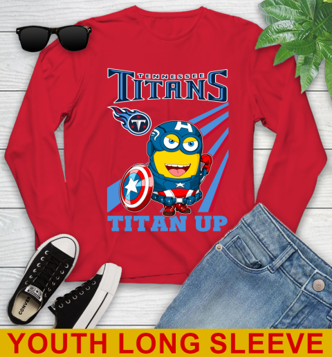 NFL Football Tennessee Titans Captain America Marvel Avengers Minion Titan Up Shirt Youth Long Sleeve 11
