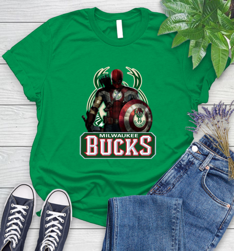 Milwaukee Bucks NBA Basketball Captain America Thor Spider Man Hawkeye Avengers Women's T-Shirt 6