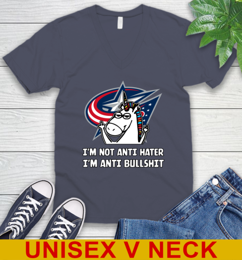 Columbus Blue Jackets NHL Hockey Unicorn I'm Not Anti Hater I'm Anti Bullshit V-Neck T-Shirt 8