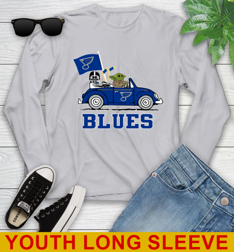 NHL Hockey St.Louis Blues Darth Vader Baby Yoda Driving Star Wars Shirt Youth Long Sleeve 6