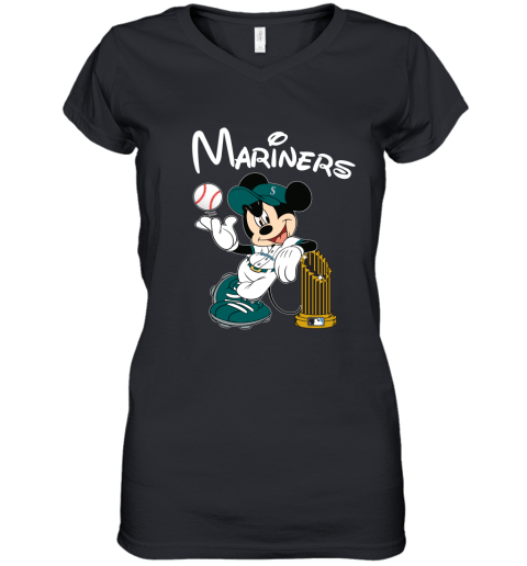 Seattle Mariners Mickey Taking The Trophy MLB 2019 Women's V-Neck T-Shirt