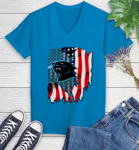 Carolina Panthers NFL Football American Flag Women's V-Neck T-Shirt 7
