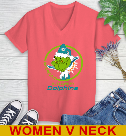 Miami Dolphins NFL Christmas Grinch I Hate People But I Love My Favorite Football Team Women's V-Neck T-Shirt 7
