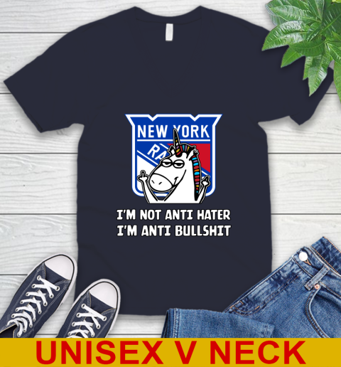 New York Rangers NHL Hockey Unicorn I'm Not Anti Hater I'm Anti Bullshit V-Neck T-Shirt 3