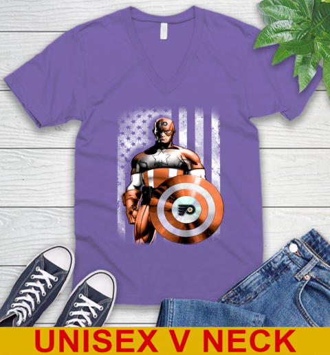 Philadelphia Flyers NHL Hockey Captain America Marvel Avengers American Flag Shirt V-Neck T-Shirt 8