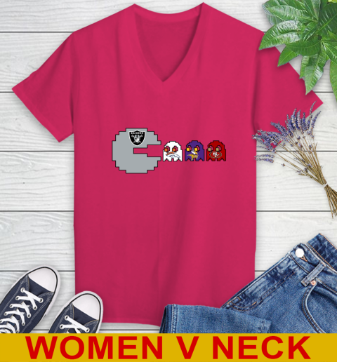Oakland Raiders NFL Football Pac Man Champion Women's V-Neck T-Shirt 10