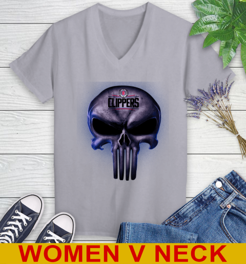 LA Clippers NBA Basketball Punisher Skull Sports Women's V-Neck T-Shirt 4