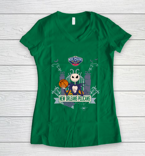 NBA New Orleans Pelicans Basketball Jack Skellington Halloween Women's V-Neck T-Shirt 3