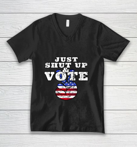 JUST SHUT UP VOTE Distressed Peace Democratic Republican V-Neck T-Shirt