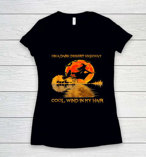 On A Dark Desert Highway T Shirt Witch Cat Halloween Women's V-Neck T-Shirt