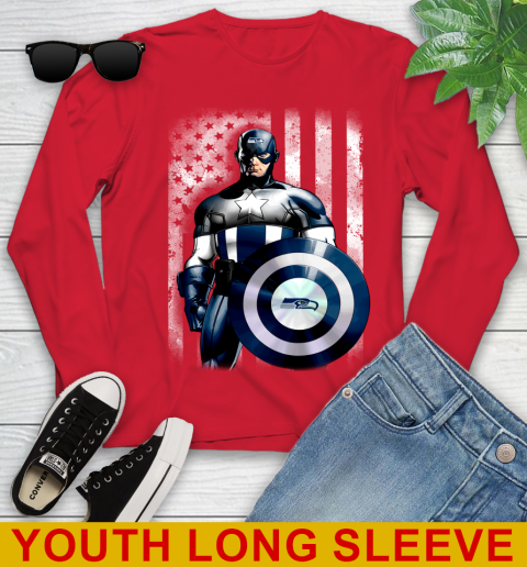 Seattle Seahawks NFL Football Captain America Marvel Avengers American Flag Shirt Youth Long Sleeve 11