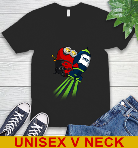 NFL Football Seattle Seahawks Deadpool Minion Marvel Shirt V-Neck T-Shirt