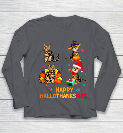 Cat Halloween Thanksgiving Christmas Happy Hallothanksmas Youth Long Sleeve 6