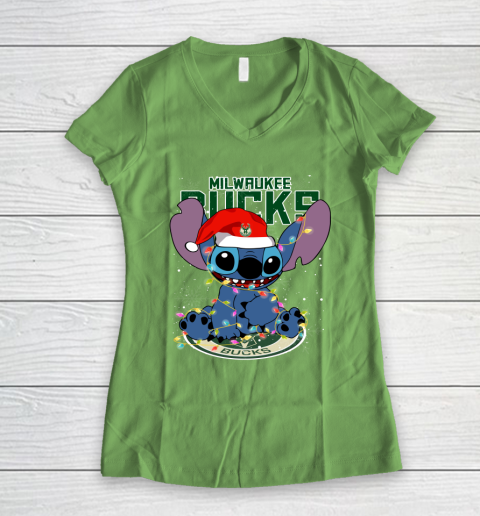 Milwaukee Bucks NBA noel stitch Basketball Christmas Women's V-Neck T-Shirt 5