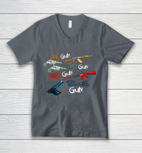 One Gun Two Gun Red Gun Blue Gun Funny V-Neck T-Shirt 4