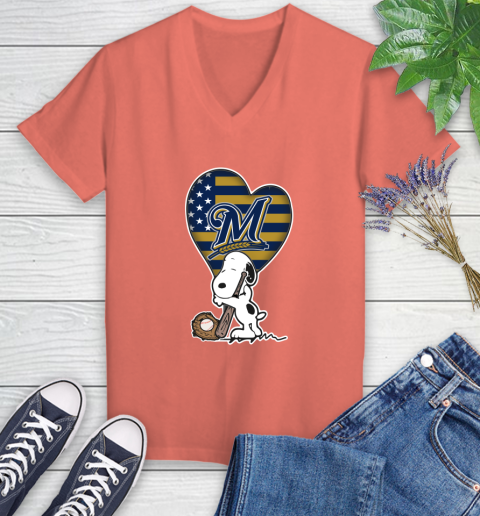 Milwaukee Brewers MLB Baseball The Peanuts Movie Adorable Snoopy (1) Women's V-Neck T-Shirt 6