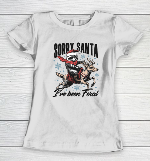 Vintage Sorry Santa I've Been Feral Raccoon Riding Horse Christmas Women's T-Shirt