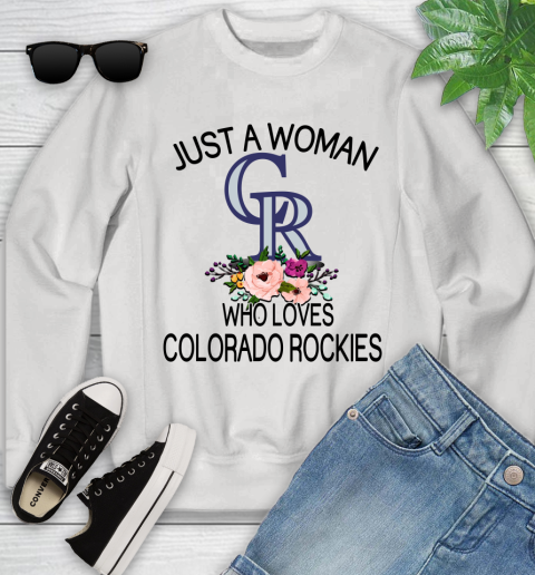 MLB Just A Woman Who Loves Colorado Rockies Baseball Sports Youth Sweatshirt