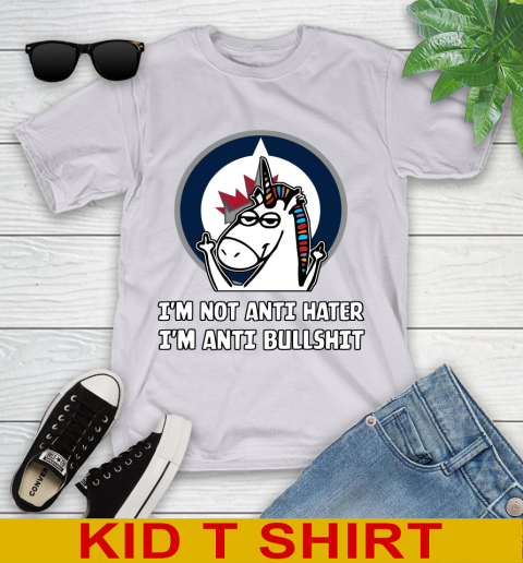 Winnipeg Jets NHL Hockey Unicorn I'm Not Anti Hater I'm Anti Bullshit Youth T-Shirt 5