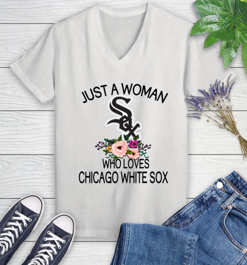 MLB Just A Woman Who Loves Chicago White Sox Baseball Sports Women's V-Neck T-Shirt