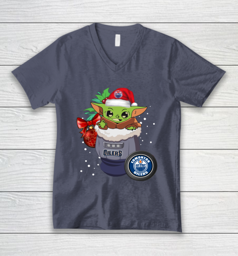 Edmonton Oilers Christmas Baby Yoda Star Wars Funny Happy NHL V-Neck T-Shirt 8
