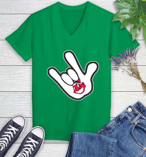 Cleveland Indians MLB Baseball Mickey Rock Hand Disney Women's V-Neck T-Shirt 5