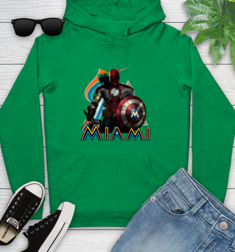 MLB Captain America Thor Spider Man Hawkeye Avengers Endgame Baseball Miami Marlins Youth Hoodie 7