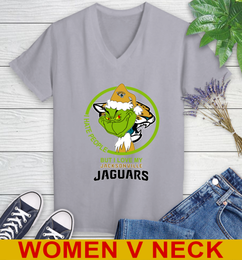 Jacksonville Jaguars NFL Christmas Grinch I Hate People But I Love My Favorite Football Team Women's V-Neck T-Shirt 5